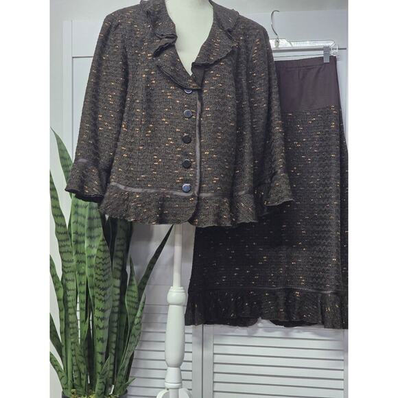 Doncaster Collection Brown Tweed Ruffled Silk Trim Jacket Blazer & Skirt Set 3X - Picture 1 of 7